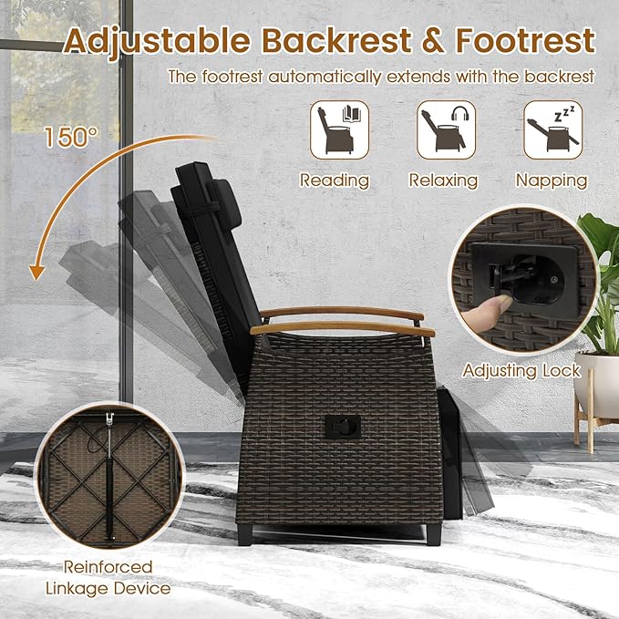 HAPPYGRILL Outdoor Rattan Wicker Chaise Lounge Recliner Chair with Adjustable Backrest & Footrest - Photo 9