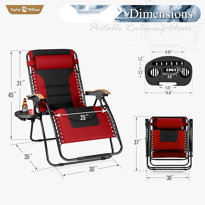 Sophia & William Oversized XXL Zero Gravity Chair, Padded Recliner Outdoor Gravity Chair with Free Cup Holder - Photo 3