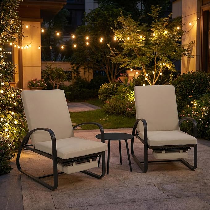 3 Piece Patio Furniture Set, Modern Patio Chaise Lounge Chairs, 5-Position Adjustable Bistro Set Balcony Furniture, Metal Patio Chairs with Coffee Table, Pool Lounge Chair for Deck, Khaki