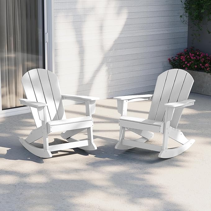Costaelm Outdoor Adirondack Chair Set of 2, All Weather Resistant Classic Balcony Chair and Fire Pit Chairs, Plastic Outdoor Porch Furniture Rocking Chair High Back HDPE Poly Lumber, White