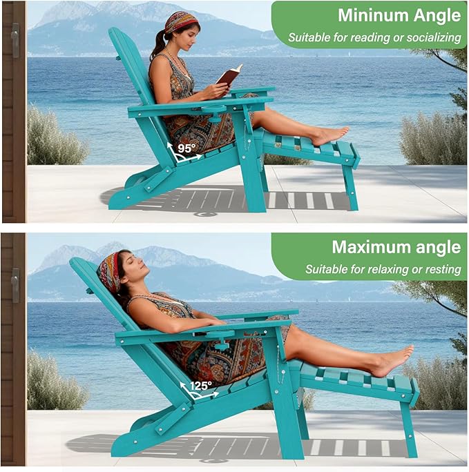 LOUNZY Folding Adjustable Adirondack Chair with Footrest Set of 4,HDPE Recliner Adirondack Chair with Cup Holder for Deck Lawn Fire Pit,Aruba
