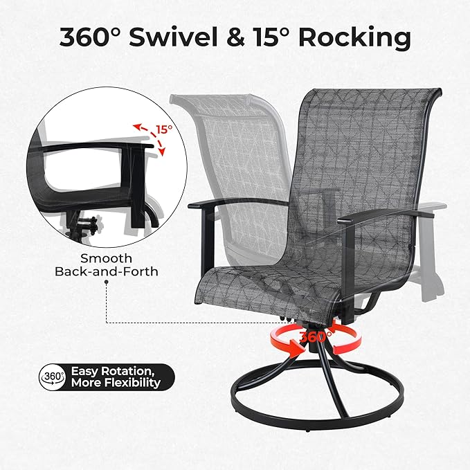 Grand patio Outdoor Swivel Dining Chairs 6-Piece Patio Dining Chair Set Mesh Sling Patio High Back Swivel Rockers, Black & Grey Plaid