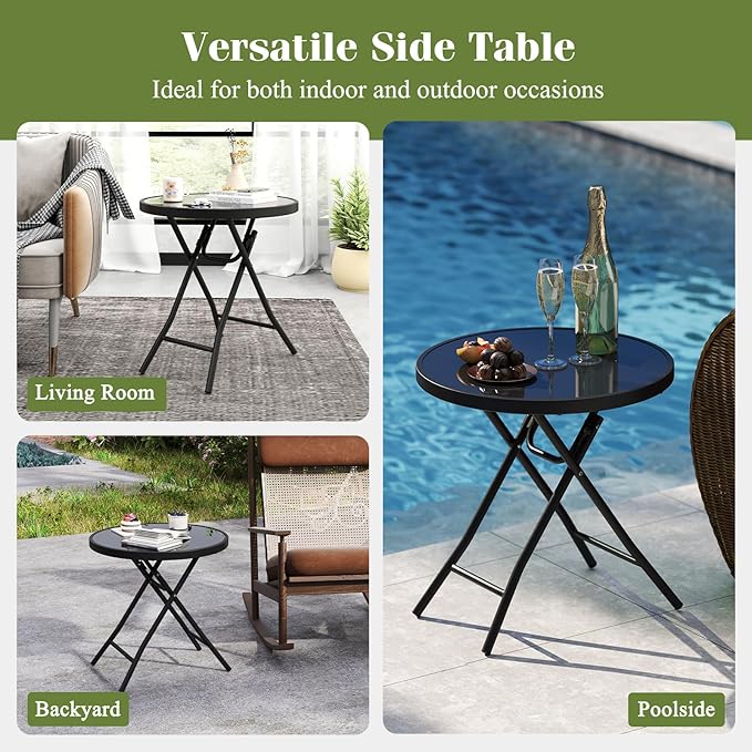 Giantex Folding Outdoor Side Table with Tempered Glass Tabletop & Metal Frame, Portable 18” Round End Table for Patio - Photo 8
