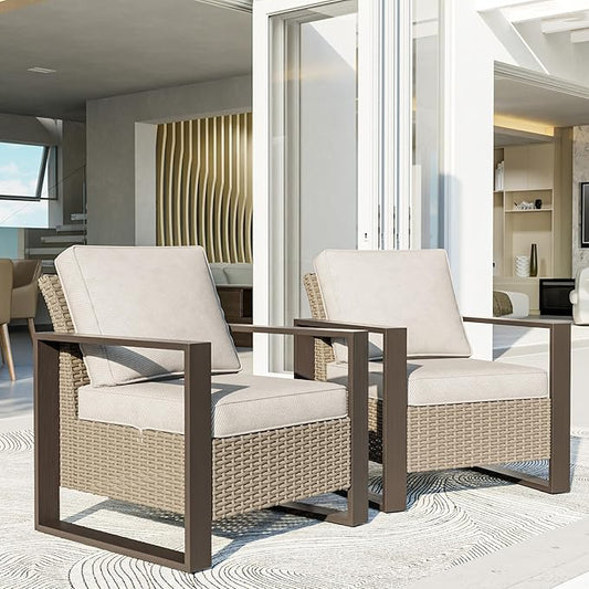 Patio Chairs Set of 2, Outdoor Wicker Chair Metal Patio Furniture with Deep Seating, Thicken Cushions for Deck, Porch, Yard Use (Beige, 2 PCS/Chairs)