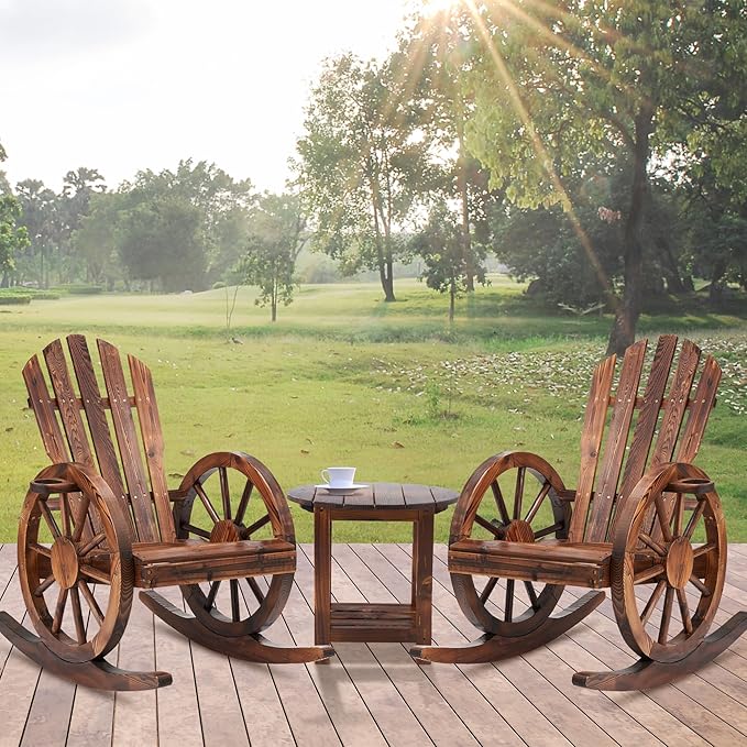 Spurgehom 3 Pieces Outdoor Wood Rocking Chair Set, 2 Patio Decor Yard Glider Rocking Chairs with 1 Side Table, Adirondack Rocking Chair for Porch Lawn Garden Balcony Poolside, Brown