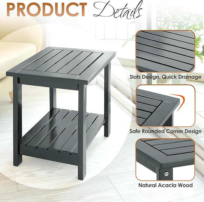 2-Tier Adirondack Outdoor Side Table, 16.6" Acacia Weather-Resistant End Table with Shelf for Patio, Garden, Lawn, Living Room (Grey)