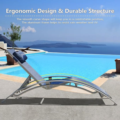 Domi Pool Lounge Chairs Set of 2 with Side Table, Aluminum Adjustable Outdoor Chaise Lounge, All Weather Poolside Chairs for Deck Lawn Poolside, Textilene (Navy Blue)