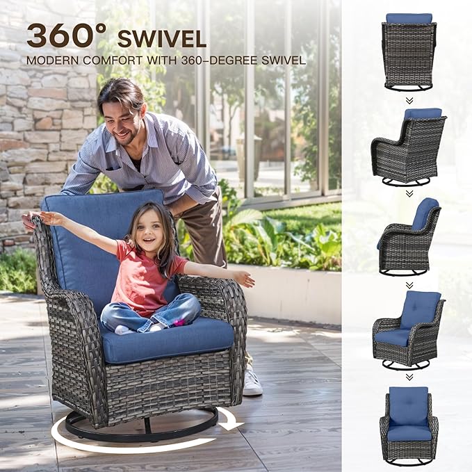 Patio Loveseat Glider Set, Resin Wicker Loveseat Glider with 4 Swivel Patio Chiars Coffee Table, 6 Piece Patio Conversation Set PE Rattan Loveseat Set, Grey Wicker|Blue Cushions