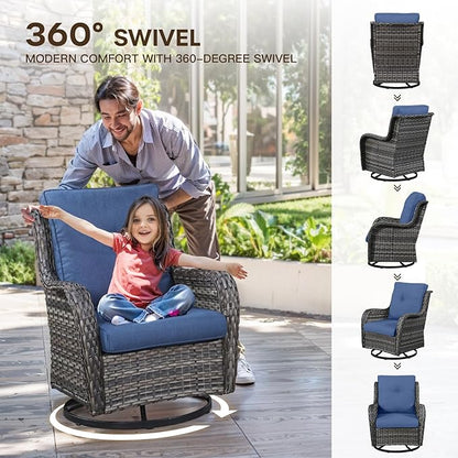 Patio Loveseat Glider Set, Resin Wicker Loveseat Glider with 2 Swivel Patio Chiars Coffee Table and Side Table, 5 Piece Patio Furniture Set Loveseat Set, Grey Wicker|Blue Cushions