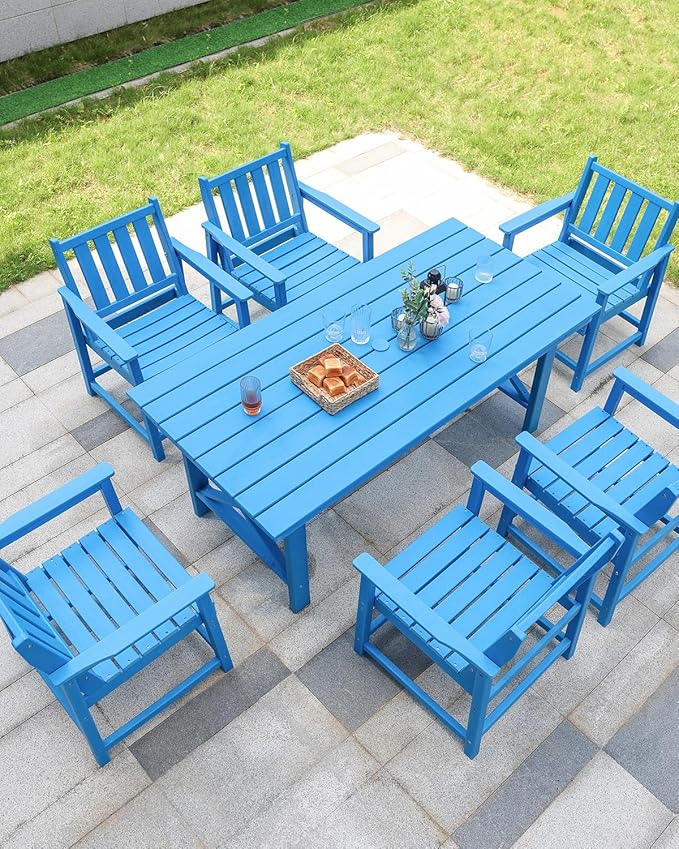 7 Pieces HDPE Outdoor Dining Set, Patio Dining Set with Umbrella Hole, All Weather Outdoor Dining Table Sets for 6 - Photo 2