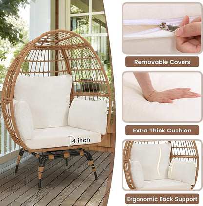 Oversized 360° Swivel Rattan Egg Chair for Adult, Indoor Outdoor Patio Large Wicker Egg Chair with Overstuffed Cushions, 440lb Weight Capacity, Natural Rattan with Beige Cushion