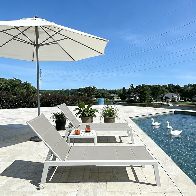 PURPLE LEAF Outdoor Chaise Lounge Set Adjustable Sunbathing Recliner with Side Table for Poolside Beach Patio Outside Aluminum Chaise Lounger Khaki
