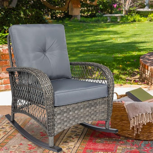 MEETWARM Outdoor Wicker Rocking Chair, Rattan Patio Rocker Chairs with Cushions and High Back, All-Weather Patio Wicker Chair with Safe Rocking Design for Garden Backyard Porch, Gray
