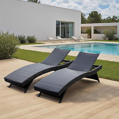 Outdoor Pool Folding Recliners PE Rattan Foldable Backrest Chaise Lounge Set of 2, Adjustable Patio Chairs Wicker Lounge Chairs for Outside Beach Poolside Sunbathing