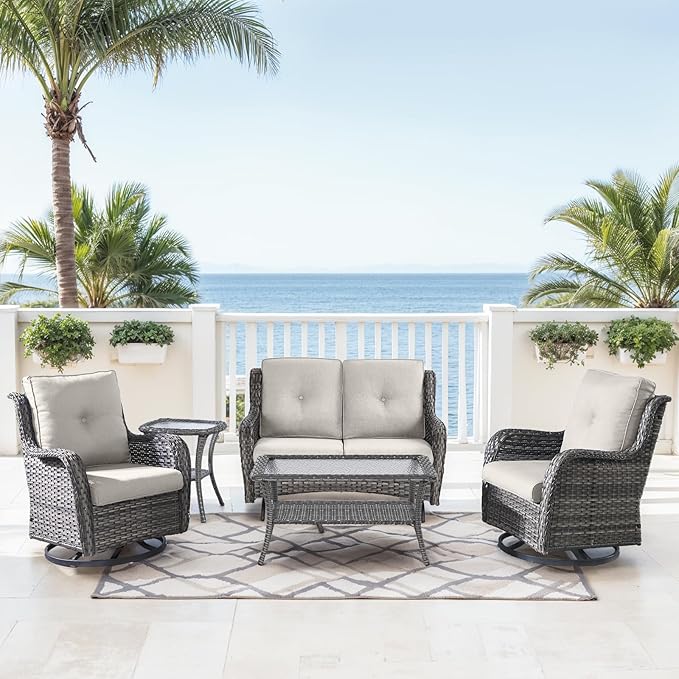 Patio Loveseat Glider Set, Resin Wicker Loveseat Glider with 2 Swivel Patio Chiars Coffee Table and Side Table, 5 Piece Patio Furniture Set Loveseat Set, Grey Wicker|Grey Cushions