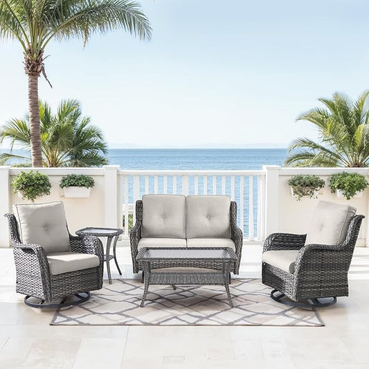 Patio Loveseat Glider Set, Resin Wicker Loveseat Glider with 2 Swivel Patio Chiars Coffee Table and Side Table, 5 Piece Patio Furniture Set Loveseat Set, Grey Wicker|Grey Cushions