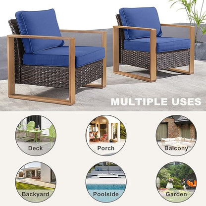 Rilyson Outdoor Wicker Patio Furniture Set - 5 Piece Patio Conversation Set with 2 Wicker Armrest Chairs,2 Rattan Ottoman, 1 Side Table, Sturdy Frame, Thick Cushions, Deep Seating(Brown/Blue)
