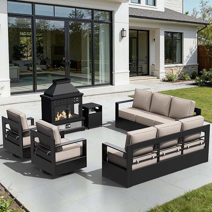 Outdoor Aluminum Furniture Set, 5-Piece Patio Conversation Set, 2 Swivel Chairs, 2 Sofa and 1 Fireplace, All-Weather Metal Frame, 6" Thick Removable Cushions, Deep Setting for Garden and Porch