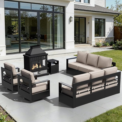 Outdoor Aluminum Furniture Set, 5-Piece Patio Conversation Set, 2 Swivel Chairs, 2 Sofa and 1 Fireplace, All-Weather Metal Frame, 6" Thick Removable Cushions, Deep Setting for Garden and Porch