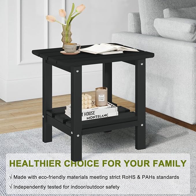 Outdoor Side Table Set of 2 - HDPE Small End Table - Patio Side Tables Square for Backyard Pool Porch Balcony - Indoor Outdoor Double Layer Storage - Black