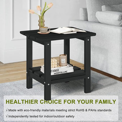 Outdoor Side Table Set of 2 - HDPE Small End Table - Patio Side Tables Square for Backyard Pool Porch Balcony - Indoor Outdoor Double Layer Storage - Black