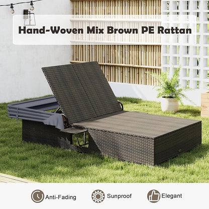 Tangkula Outdoor Rattan Daybed with Canopy & 6-Level Adjustable Backrests, 2-Person Wicker Recliner Bed with Cushions & Folding Side Trays, Double Sunbed Lounger for Balcony, Backyard & Poolside
