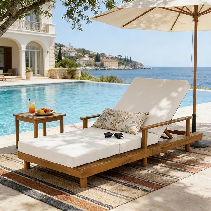 Merax Acacia Wood Outdoor Chaise Lounge Chair with 3-Position Adjustable Backrest & 4" Thick 3-Fold Removable Cushion, 76.8" L Modern Patio Sun Lounger for Garden Pool Beach Yard, Cream+Teak