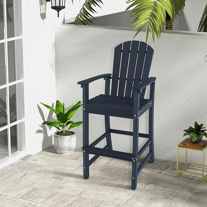 Giantex HDPE Outdoor Bar Stools - All Weather Tall Adirondack Chair with Armrest, Footrest, Load 360Lbs, 30-Inch Counter Height Bar Stool for Patio, Garden, Yard, Indoor Or Outdoor Use (1, Navy)