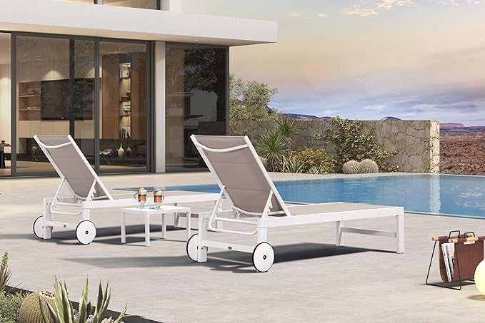PURPLE LEAF Outdoor Chaise Lounge Set Elderly-Friendly Straight Legs Adjustable Sunbathing Recliner with Side Table for Back Support Poolside Beach Patio Lounge Chairs Khaki 2 Sets