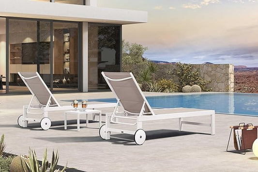 PURPLE LEAF Outdoor Chaise Lounge Set Elderly-Friendly Straight Legs Adjustable Sunbathing Recliner with Side Table for Back Support Poolside Beach Patio Lounge Chairs Khaki 2 Sets