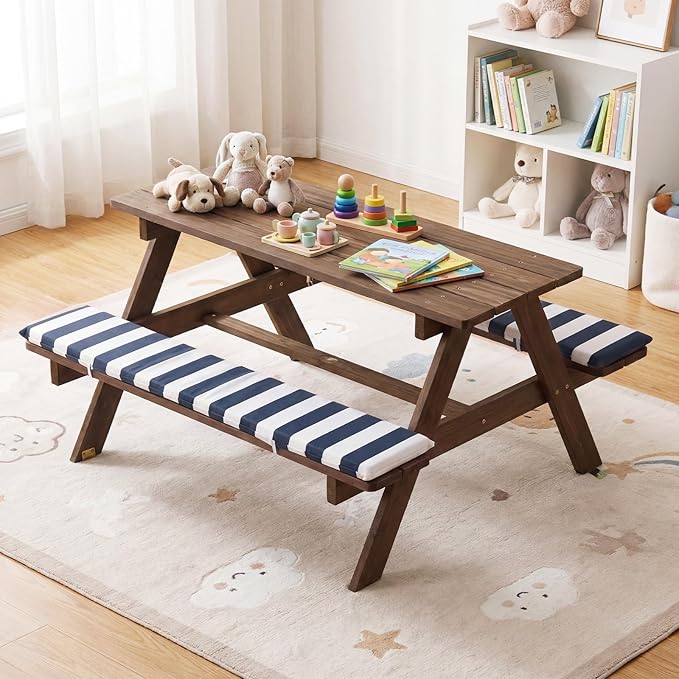 Costzon Kids Picnic Table, Wooden Toddler Outdoor Table & Bench Set with Removable Umbrella & Cushions, Stripe Fabric, Kids Outdoor Furniture for Patio Backyard Garden, Fits 4 Children Age 3+ (Navy)