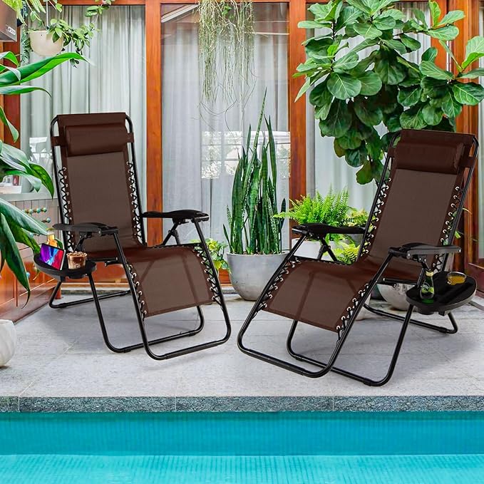 Goplus Zero Gravity Lounge Chairs, 160°Adjustable Folding Recliner w/Pillow and Cup Holder, 350LBS Comfy Outdoor Lounge Chairs for Patio, Lawn, Yard & Camp(Set of 2, Brown)