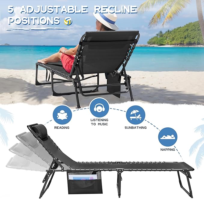 Devoko Lounge Beach Chair for Adults, Outdoor Sun Tanning Chair, Portable Folding Camping Lay Chaise Lounge Chairs for Outside Beach Pool Reading, Sunbathing (1, Gery)