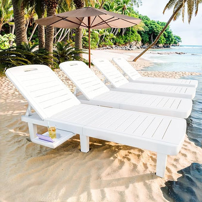 CDCASA Outdoor Chaise Lounge Set of 4, Pool Lounge Chairs w/5 Adjustable Positions & Side Tray, Waterproof Resin Lounges for Poolside,Yard,Garden,Sunbathing, for All Weather, White