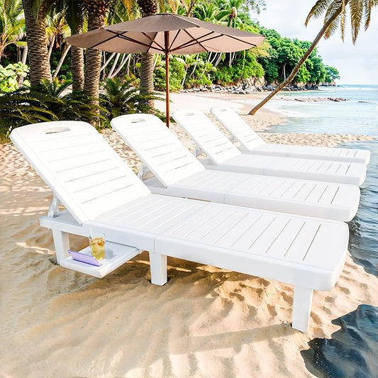 CDCASA Outdoor Chaise Lounge Set of 4, Pool Lounge Chairs w/5 Adjustable Positions & Side Tray, Waterproof Resin Lounges for Poolside,Yard,Garden,Sunbathing, for All Weather, White