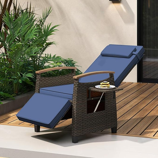 Tangkula Patio Wicker Recliner Chair, Rattan Lounge Chair w/Adjustable Backrest & Footrest, Flip Side Table, Push Back Reclining Seat w/Cushion for Backyard, Porch, Lawn (1, Navy)