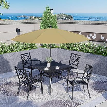 SOLAURA 37” Outdoor Dining Table Patio Slat Table Top for 4-Person/Metal Frame, Umbrella Hole, Indoor or Outdoor, Black