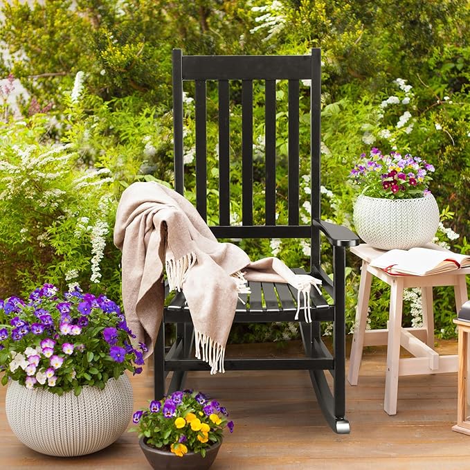 Outdoor Porch Rocker Chairs,Weather Resistant Wood Rocking Chair for Adults,Modern Rocking Accent Chairs,Indoor Outside Furniture Rocker,with Armrest,for Garden Lawn Backyard Poolside Deck (Black)
