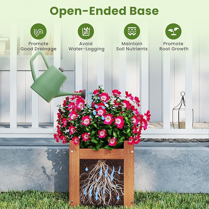 HAPPYGRILL Outdoor Bench with 2 Raised Garden Beds, 2-in-1 Outdoor Planter Box with Teak Oil Finish, Open-Ended Base, Wooden Garden Bench for Flowerpots, Indoor Patio Yard Porch Decoration (1)