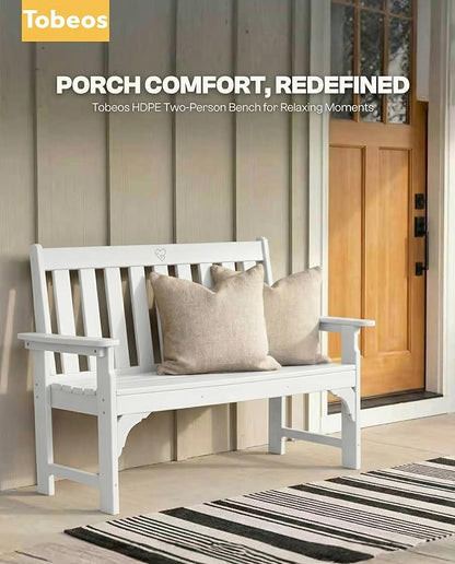 2-Person Outdoor Garden Bench, HDPE All-Weather Patio Bench with Backrest & Armrests, Heavy Duty Outdoor Seating for Porch, Backyard & Park, 660 lbs (White, 1 Bench)