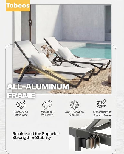 Outdoor Chaise Lounge Chair, 5-Position Adjustable Patio Lounge Chair with Ergonomic Aluminum Frame, Textilene Fabric Pool Loung Chairs for Poolside, Deck, Backyard (White)