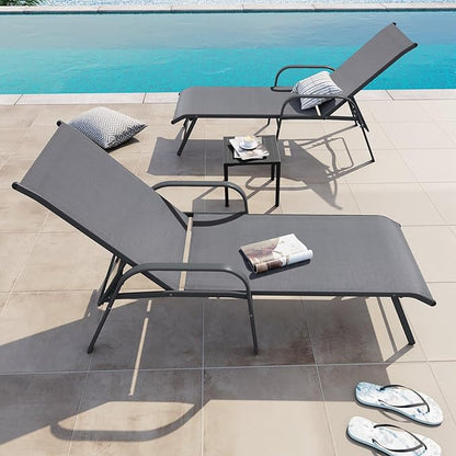 Crestlive Products Chaise Lounge Chair Outdoor with Armrests, Pool Lounge Chairs Set of 2, Aluminum Adjustable 5 Positions Sun Tanning Lounger for Patio, Poolside, Yard, Deck, Backyard (Grey)