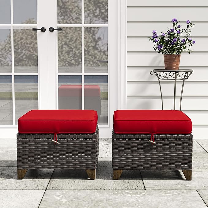 2 Pieces Patio Outdoor Ottomans with Removable and Washable Covers，PE Rattan Wicker Footstools for Porch, Garden - Photo 6