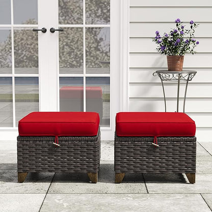 2 Pieces Patio Outdoor Ottomans with Removable and Washable Covers，PE Rattan Wicker Footstools for Porch, Garden, Sunroom (Red)