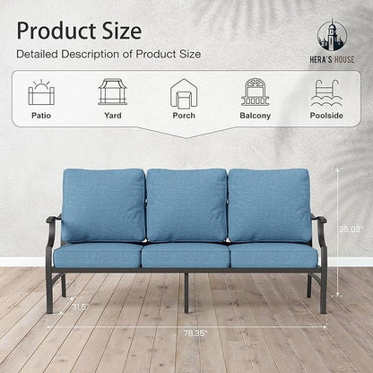 HERA'S HOUSE Patio Furniture Sofa, All-Weather Outdoor 3 Seats Couch, Outdoor Patio Couch with Deep Seating and Olefin Cushions for Lawn Garden Backyard, Navy Blue