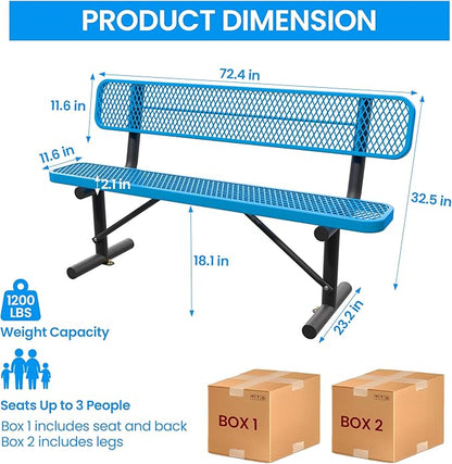 6 FT Steel Park Bench for Outside, Outdoor Bench with Backrest & Portable Frame, Thermoplastic Coating, Commercial Benches for Shopping Mall, Store, Park, Patio, Deck, Blue