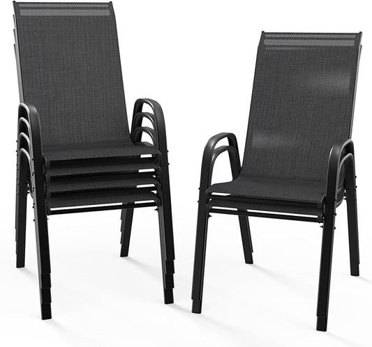 VINGLI Patio Chairs Set of 6 – Stackable Outdoor Dining Chairs with Comfortable Sling High Back Chairs and Armrests for Lawn, Poolside, Courtyard, Balcony, Garden, Black