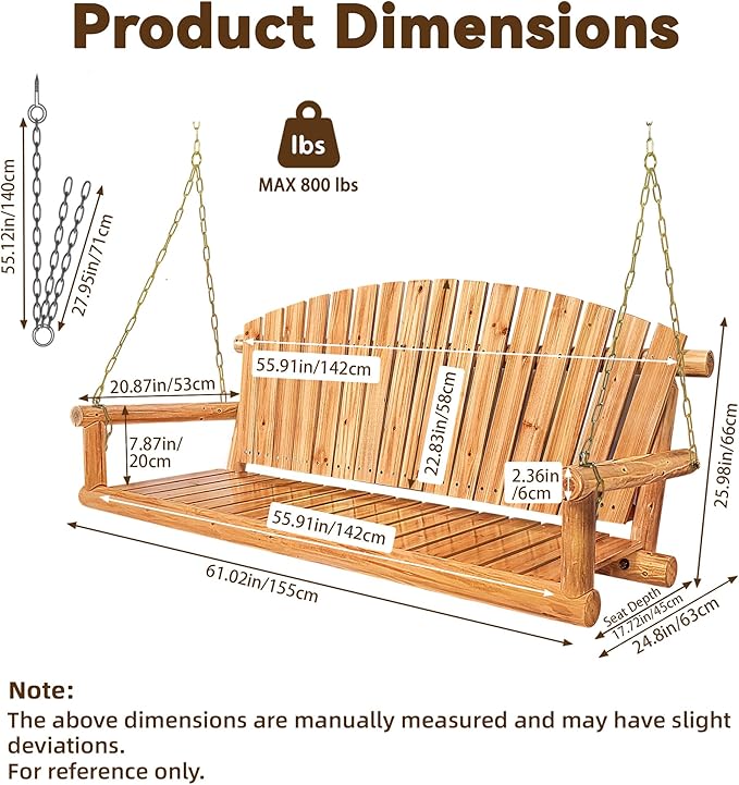 Outdoor Porch Swing Front Porch Hanging Wooden Bench Swing 3 Seat Chair for Garden, Patio, Backyard, Playground - Photo 3