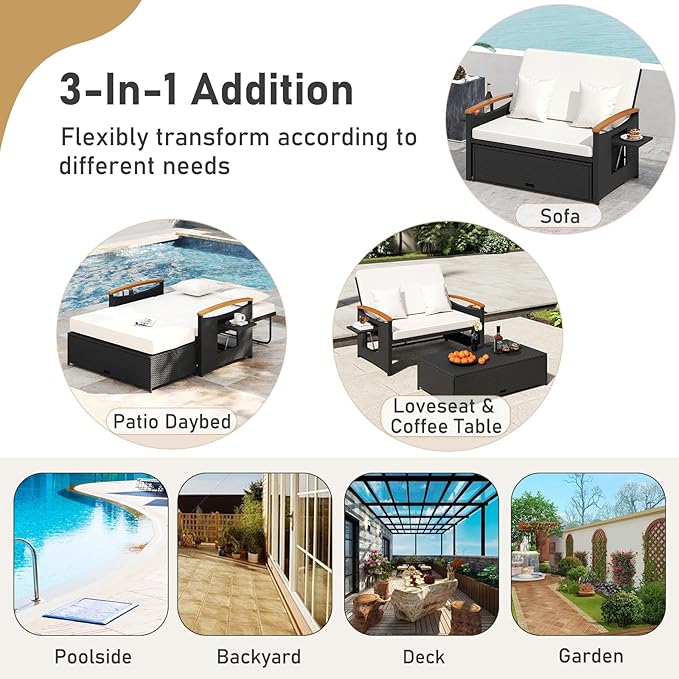 Moccha Outdoor Wicker Daybed, Patio Rattan Loveseat Sofa w/ 4-Level Adjustable Backrest, Folding Panels - Photo 6