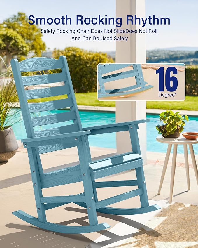 YEFU Outdoor Rocking Chair Set of 2,Poly Porch Rocker with Curved Backrest,All Weather Patio Rocking Chair,Like Real Wood,for Indoor,Lawn, Backyard,Garden,Heavy Duty,Weight Capacity 380lbs(Blue)